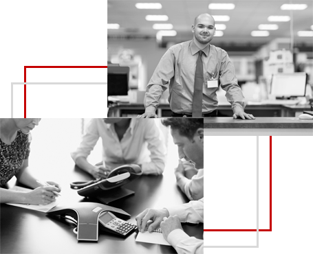 Composición de imágenes de personas trabajando: un empleado de ferreteria anotando en una planilla; un hombre de camisa en una oficina sentado frente a computadora; hombre de saco y bolso, caminando por un pasillo de oficina mientras mira su celular.